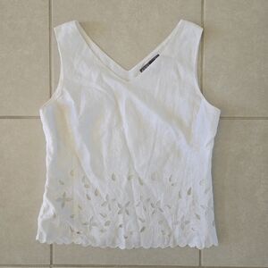 Kate Hill Petite 4P S Sleevless White Linen Summer Tank Eyelet V Neck Top